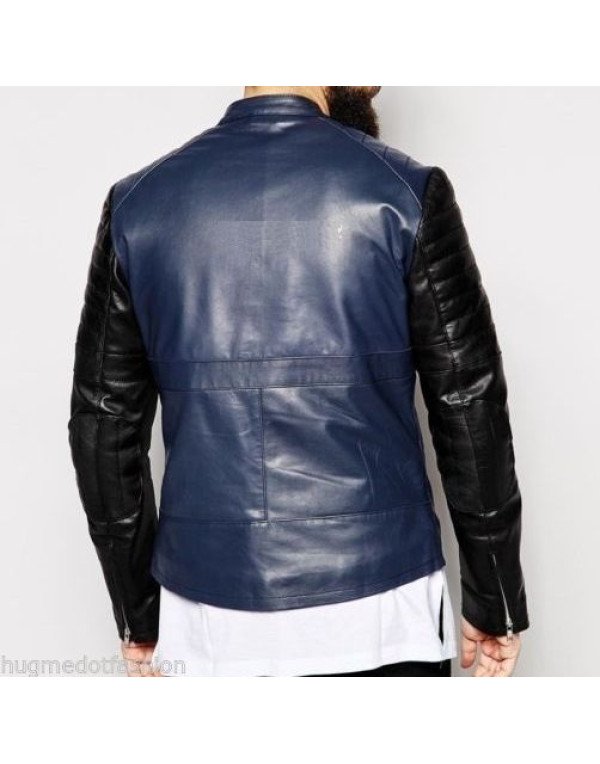 Genuine Real Biker Jacket Black + Blue Color JK187