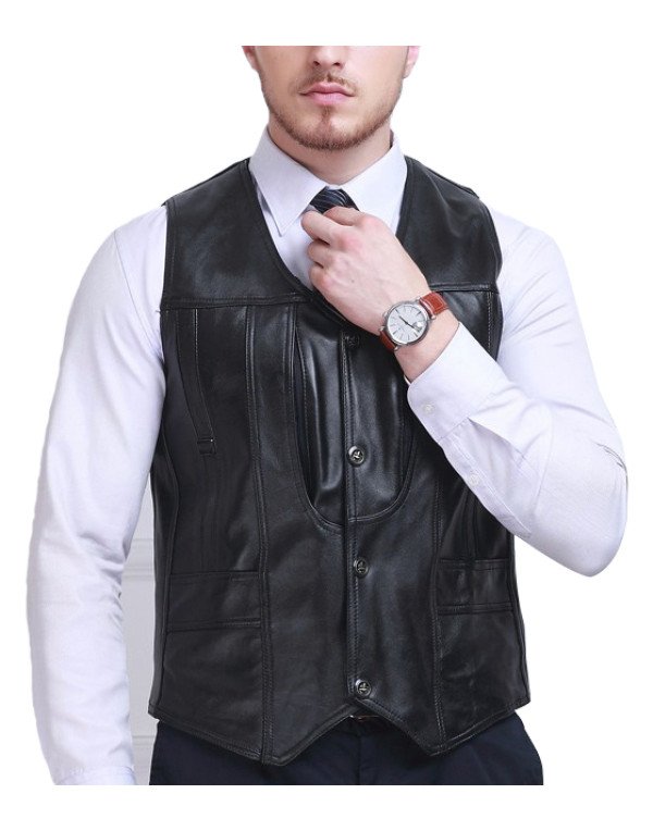 Genuine Sheep Leather Formal Waistcaot in Black color For Men WC17