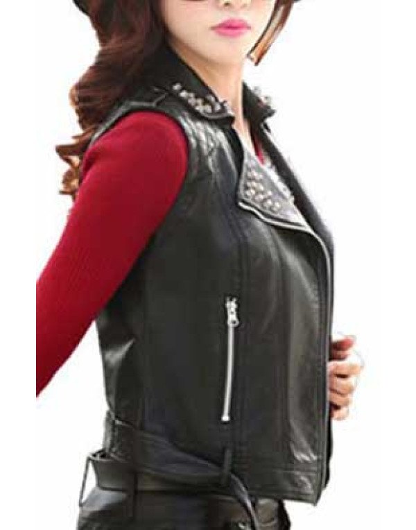 Genuine Sheep Leather Waistcoat For Women in Black  LWC07