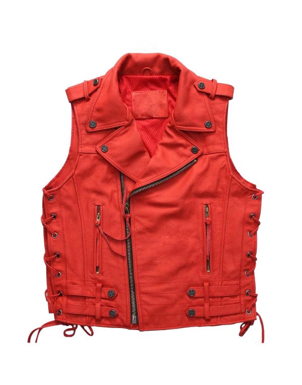 Biker Sheep Leather Waistcoat for in In Red Color Biker Jacket WC13