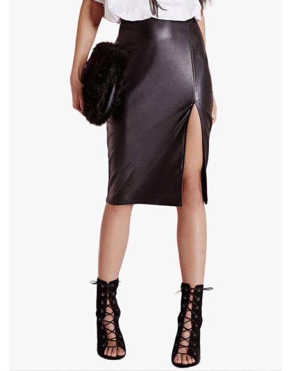 Designer Leather Midi Skirt