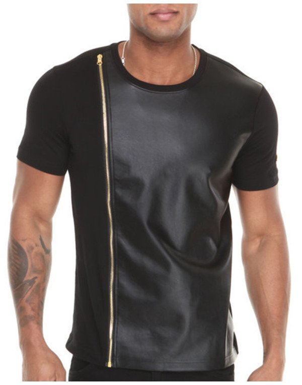 Half Sleeves Genuine SHeep Leather T-shirt Round N...